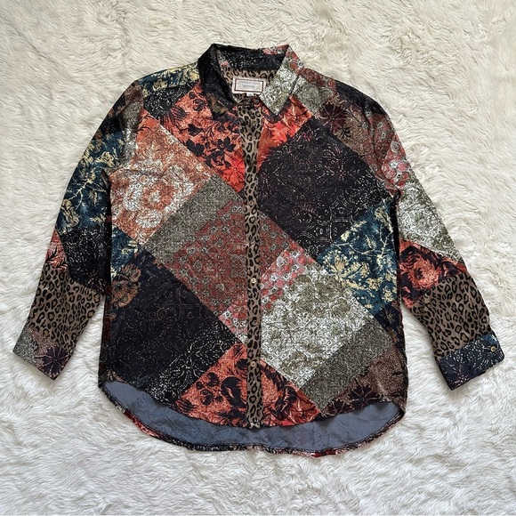 Johnny Was Workshop Top Mabel Printed Silk Button-Up Velvet Back Long Sleeve M - Picture 3 of 14